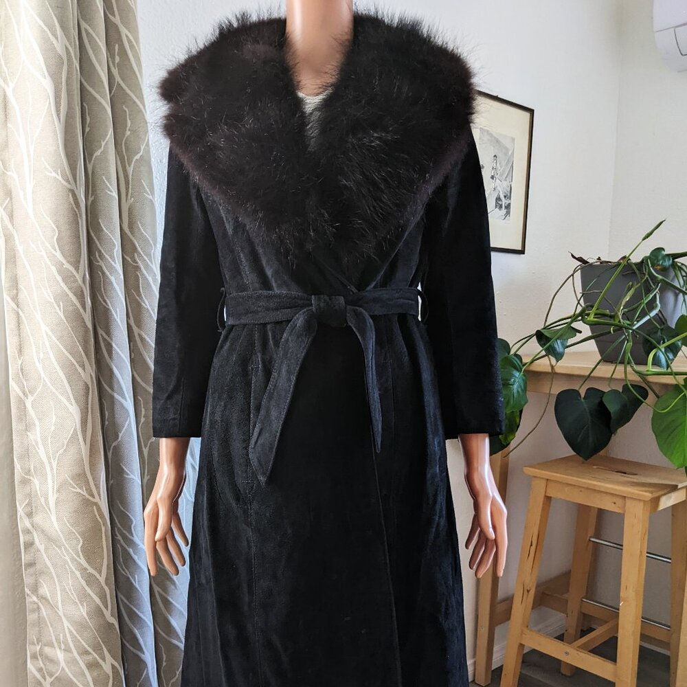 Vintage Saks Fifth Avenue Black Suede Full Length Coat w/Fur Collar Size S / XS